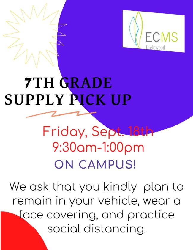 7th Grade supply pick up (9-1)