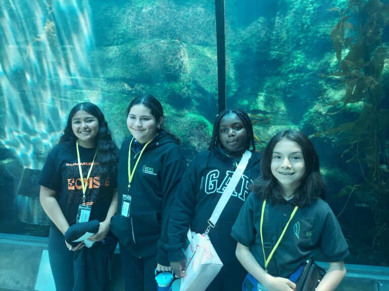 Four students standing in front of a large aquarium tank on a field trip