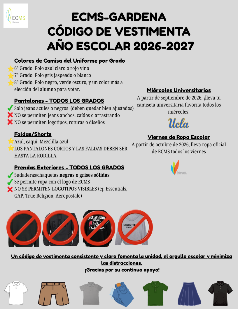 Codigo de Vestimenta ECMS-Gardena, Ano Escolar 2026-2027 (Espanol)