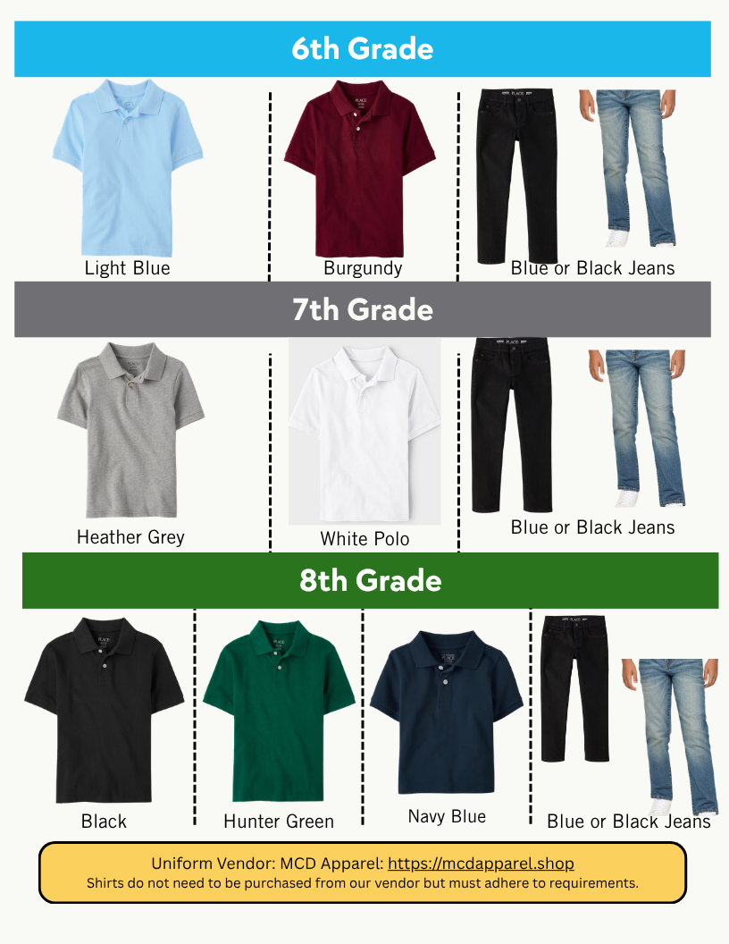 ECMS-Gardena uniform shirt colors by grade (6th, 7th, 8th) and jeans