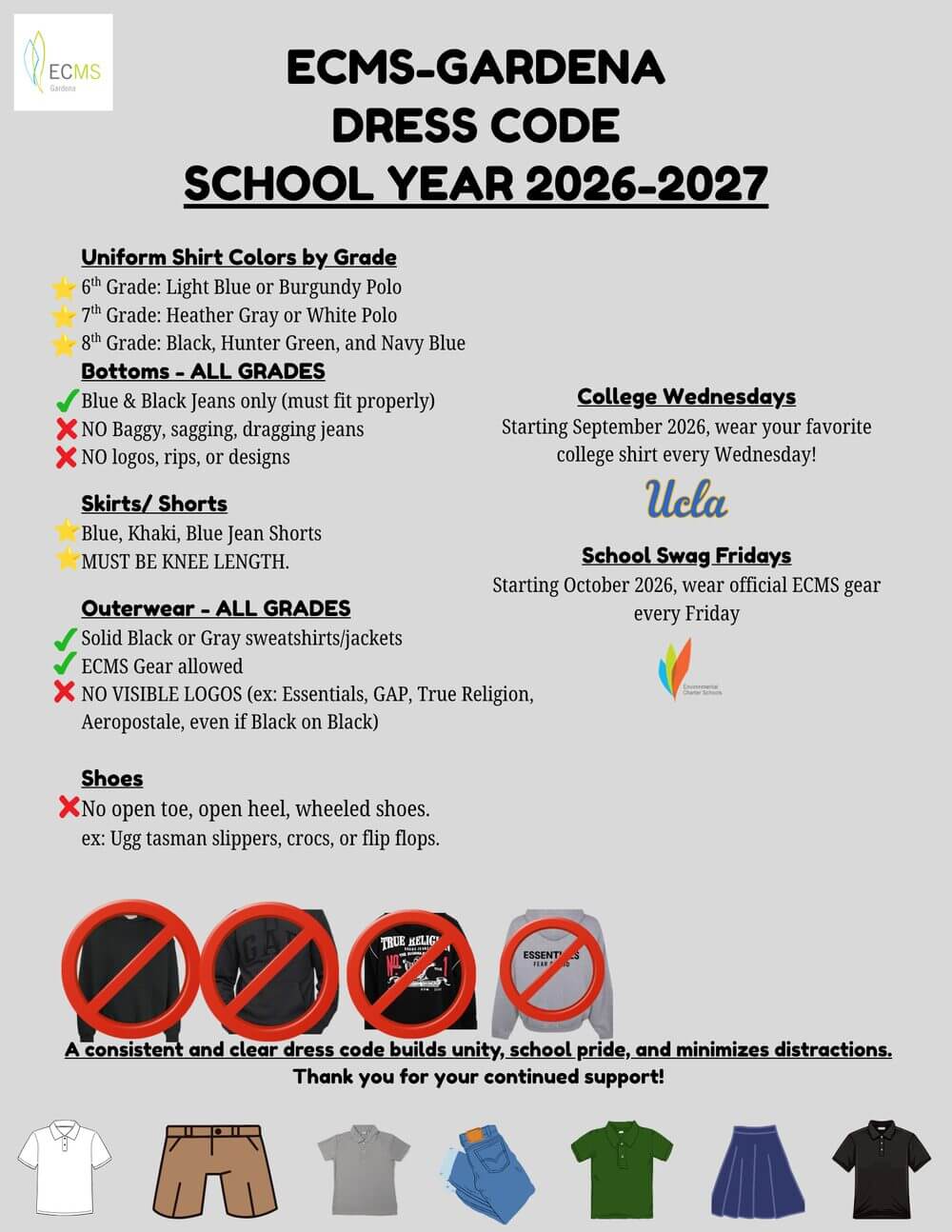 ECMS-Gardena Dress Code, School Year 2026-2027, page 1 of 3: uniform shirt colors by grade, bottoms, outerwear, and shoes