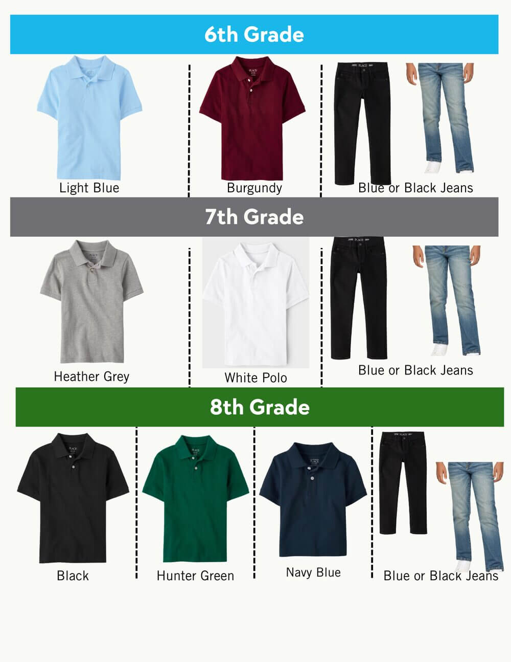 Uniform shirt colors by grade: 6th grade light blue or burgundy, 7th grade heather grey or white, 8th grade black, hunter green, or navy blue, with blue or black jeans for all grades