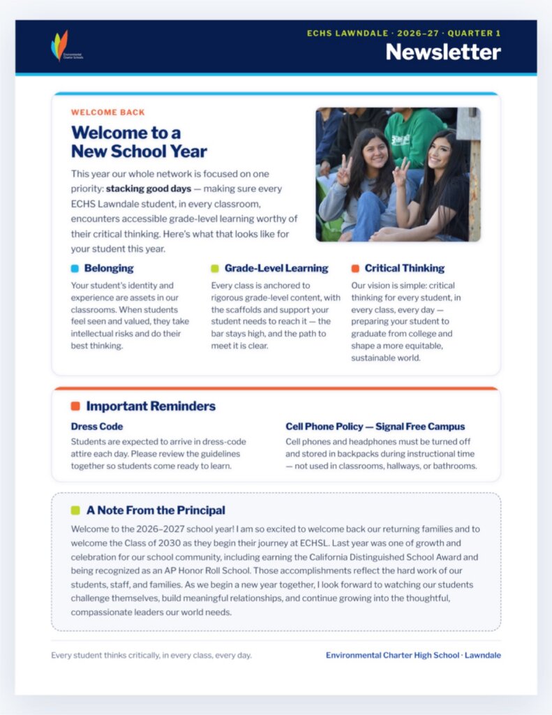 ECHS-Lawndale Quarter 1 Newsletter, English, page 1