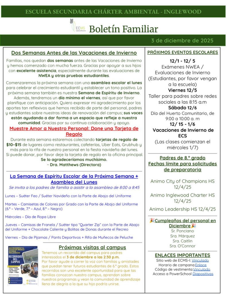 ECMS-Inglewood Family Newsletter, December 3, 2025, page 2