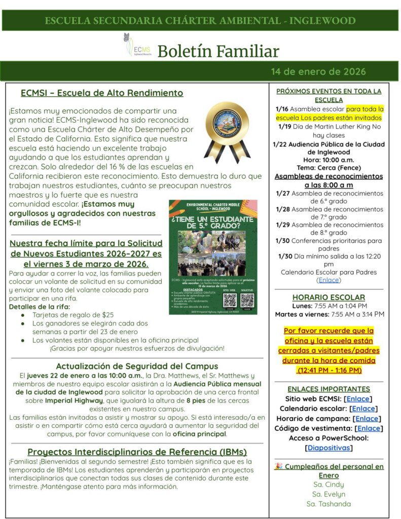 ECMS-Inglewood Family Newsletter, January 14, 2026, page 2
