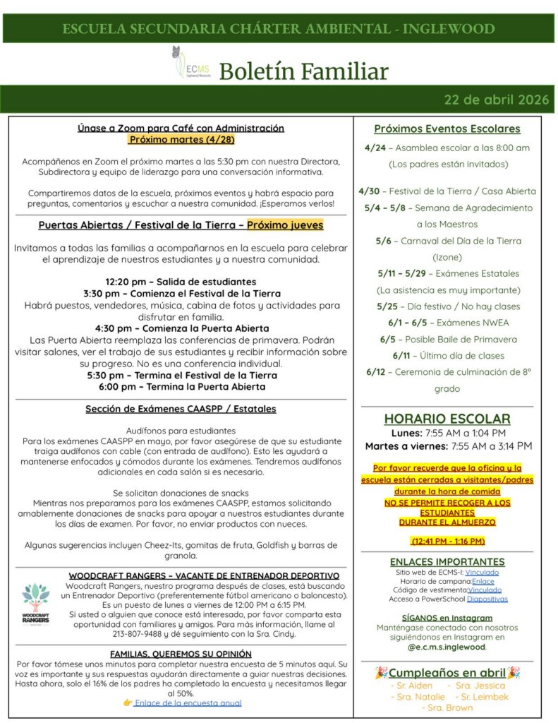 ECMS-Inglewood Family Newsletter, April 22, 2026, page 2