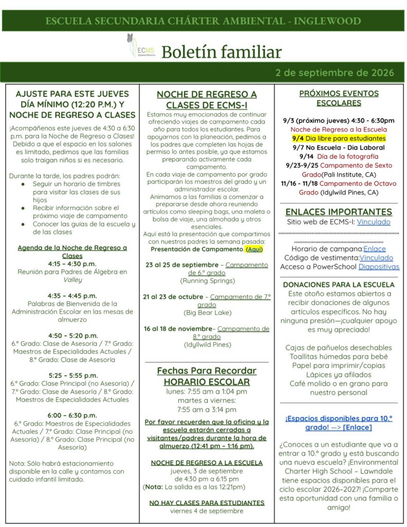 ECMS-Inglewood Family Newsletter, September 2, 2026, page 2
