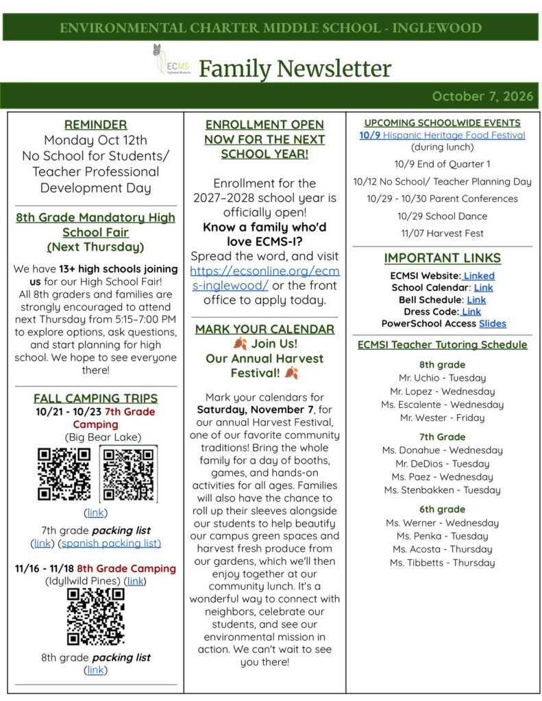 ECMS-Inglewood Family Newsletter, October 7, 2026, page 1